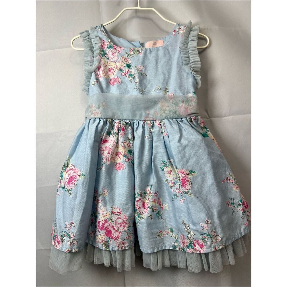 Mila and Emma blue party dress with pink flowers and mesh accents size 2T - Picture 2 of 14